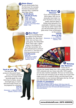 Pint 'Nonic' Glasses* Stein Glass* Beer Boot* Yard of Ale* Wetstop Bar Runners | 0870 4280958