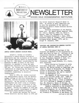 ~~~R7~~ NEWSLETTER July 1984 -Dwoods HOLE OCEANOGRAPHIC INSTITUTION