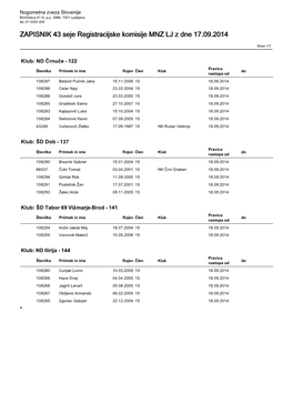 ZAPISNIK 43 Seje Registracijske Komisije MNZ LJ Z Dne 17.09.2014