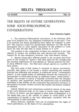 THE RIGHTS of FUTURE GENERATIONS: SOME SOCIO-PHILOSOPHICAL CONSIDERATIONS Peter Serracino Inglott