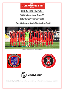 THE CITIZENS POST WCFC V Barnstaple Town FC Saturday 23Rd February 2019 Evo-Stik League South Division One South