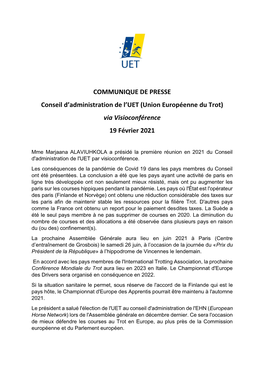 (Union Européenne Du Trot) Via Visioconférence 19 Février 2021