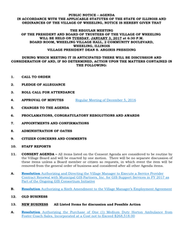 Public Notice – Agenda in Accordance with the Applicable Statutes of the State of Illinois and Ordinances of the Village of Wheeling, Notice Is Hereby Given That