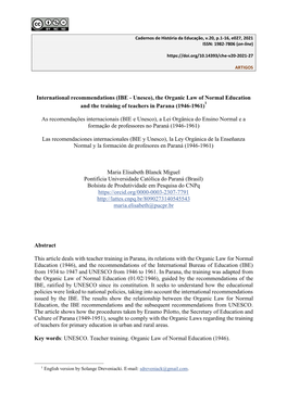 BIE E Unesco), a Lei Orgânica Do Ensino Normal E a Formação De Professores No Paraná (1946-1961)
