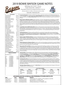 2019 BOWIE BAYSOX GAME NOTES Wednesday, June 19, 2019 - 7:05 P.M