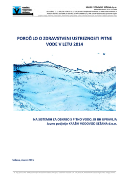 Poročilo O Zdravstveni Ustreznosti Pitne Vode V Letu 2014