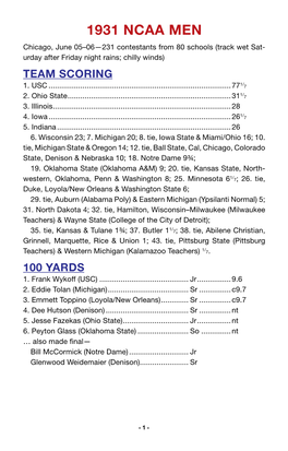 1931 NCAA MEN Chicago, June 05–06—231 Contestants from 80 Schools (Track Wet Sat- Urday After Friday Night Rains; Chilly Winds) TEAM SCORING 1/ 1