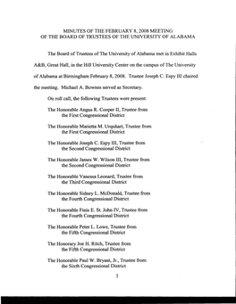 Minutes of the February 8, 2008 Meeting of the Board of Trustees of the University of Alabama