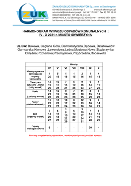 HARMONOGRAM WYWOZU ODPADÓW KOMUNALNYCH : IV - X 2021 R