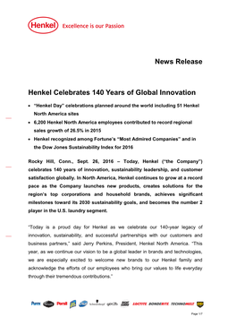 News Release Henkel Celebrates 140 Years of Global Innovation