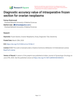 Diagnostic Accuracy Value of Intraoperative Frozen Section for Ovarian Neoplasms