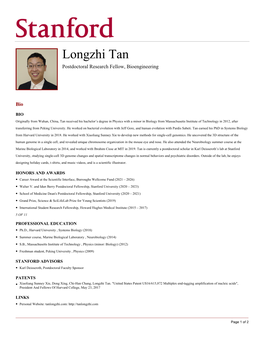 Longzhi Tan Postdoctoral Research Fellow, Bioengineering