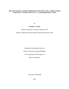 The Advanced Placement Program in Pennsylvania: Implications for Policy and Practice in K – 12 and Higher Education