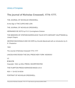 The Journal of Nicholas Cresswell, 1774–1777