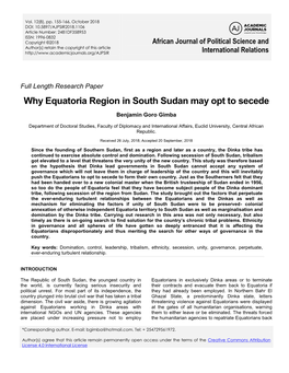 Why Equatoria Region in South Sudan May Opt to Secede