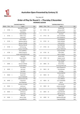 Australian Open Presented by Century 21 Order of Play for Round 1