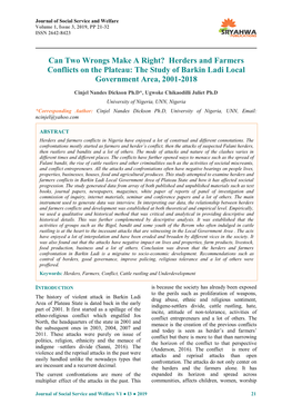 Herders and Farmers Conflicts on the Plateau: the Study of Barkin Ladi Local Government Area, 2001-2018