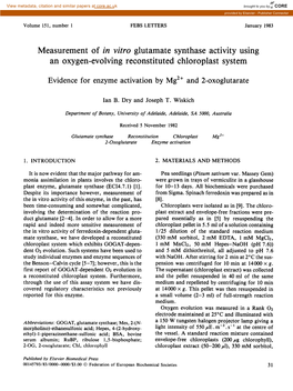 Measurement of in Vitro Glutamate Synthase Activity Using an Oxygen-Evolving Reconstituted Chloroplast System