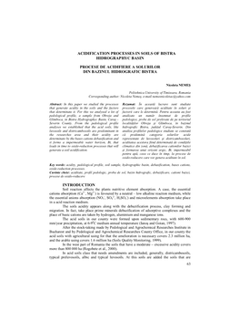 Acidification Processes in Soils of Bistra Hidrographyc Basin