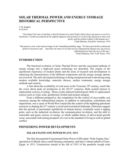 Solar Thermal Power and Energy Storage Historical Perspective