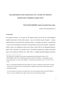 Reassessing the Existence of a Part of Speech (Wortart) Termed Adjective1