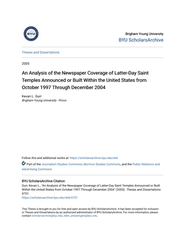 An Analysis of the Newspaper Coverage of Latter-Day Saint Temples Announced Or Built Within the United States from October 1997 Through December 2004