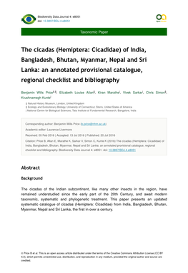 The Cicadas (Hemiptera: Cicadidae) of India, Bangladesh, Bhutan, Myanmar, Nepal and Sri Lanka: an Annotated Provisional Catalogue, Regional Checklist and Bibliography