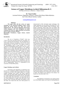 Science of Copper Metallurgy in Third Millennium B. C. (With Special Reference to Ganeshwar - Jodhpura Culture)