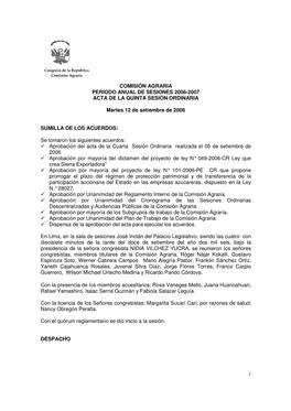 Comisión Agraria Periodo Anual De Sesiones 2006-2007 Acta De La Quinta Sesión Ordinaria