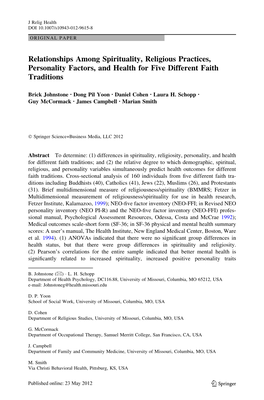 Relationships Among Spirituality, Religious Practices, Personality Factors, and Health for Five Different Faith Traditions