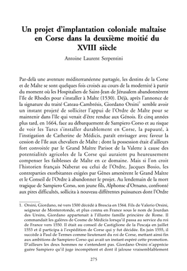 Un Projet D'implantation Coloniale Maltaise En Corse Dans La Deuxième Moitié Du XVIII Siècle