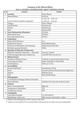 Summary of the Mineral Block Part-A- GENERAL INFORMATION ABOUT MINERAL BLOCK S