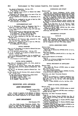 SUPPLEMENT to the LONDON GAZETTE, 21St JANUARY 1975 HONOURS and AWARDS ARMY DEPARTMENT