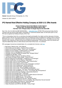 IPG Named Most Effective Holding Company at 2020 US Effie Awards