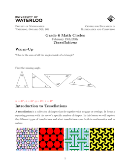 Grade 6 Math Circles Tessellations Warm-Up Introduction to Tessellations