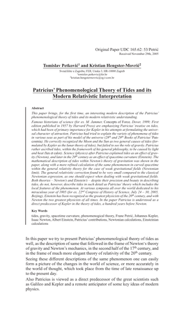 Patricius' Phenomenological Theory of Tides and Its Modern Relativistic