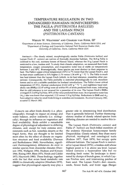 Temperature Regulation in Two Endangered Hawaiian Honeycreepers: the Palila (Psittirostra Bailleui) and the Laysan Finch (Psittirostra Cantans)