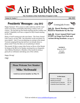 Air Bubbles the Newsletter of the North Shore Frogmen’S Club Volume 54, Number 7 July 2012