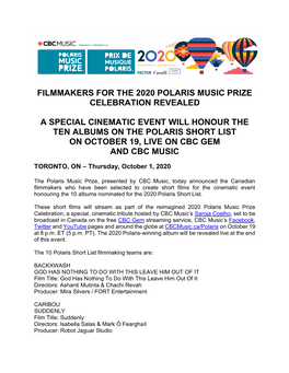 Filmmakers for the 2020 Polaris Music Prize Celebration Revealed