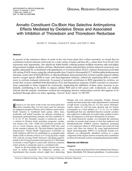 Annatto Constituent Cis-Bixin Has Selective Antimyeloma Effects Mediated by Oxidative Stress and Associated with Inhibition of Thioredoxin and Thioredoxin Reductase