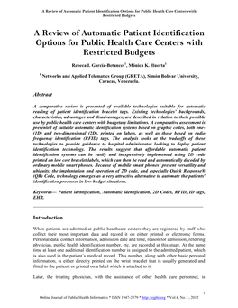 A Review of Automatic Patient Identification Options for Public Health Care Centers with Restricted Budgets