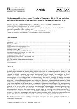 (Cestoda) of Freshwater Fish in Africa, Including Erection of Kirstenella N