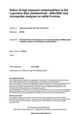 Relics of High Pressure Metamorphism in the Lepontine Alps (Switzerland) : 40Ar/39Ar and Microprobe Analyses on White K-Micas