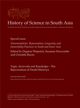 History of Science in South Asia a Journal for the History of All Forms of Scientific Thought and Action, Ancient and Modern, in All Regions of South Asia