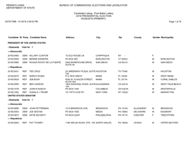 Candidate Listing - Post Ballot Lottery 2016 PRESIDENTIAL ELECTION 04/26/2016 (PRIMARY) DATE/TIME : 4/1/2016 3:56:00 PM Page 1 of 79