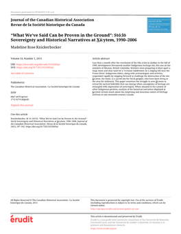 Stó:Lō Sovereignty and Historical Narratives at Xá:Ytem, 1990–2006 Madeline Rose Knickerbocker