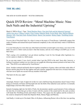 Quick DVD Review: “Metal Machine Music: Nine Inch Nails and T