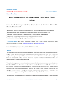 Oral Immunization for Anti-Snake Venom Production in Equine Animals