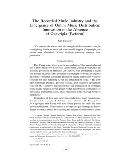 The Recorded Music Industry and the Emergence of Online Music Distribution: Innovation in the Absence of Copyright (Reform)
