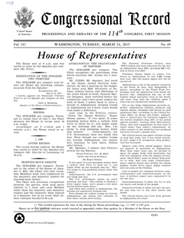 Congressional Record United States Th of America PROCEEDINGS and DEBATES of the 114 CONGRESS, FIRST SESSION